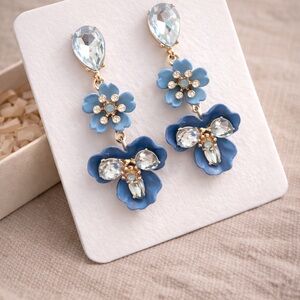 Blue Floral Crystal Dangle Earrings | Gold Tone Flower Statement